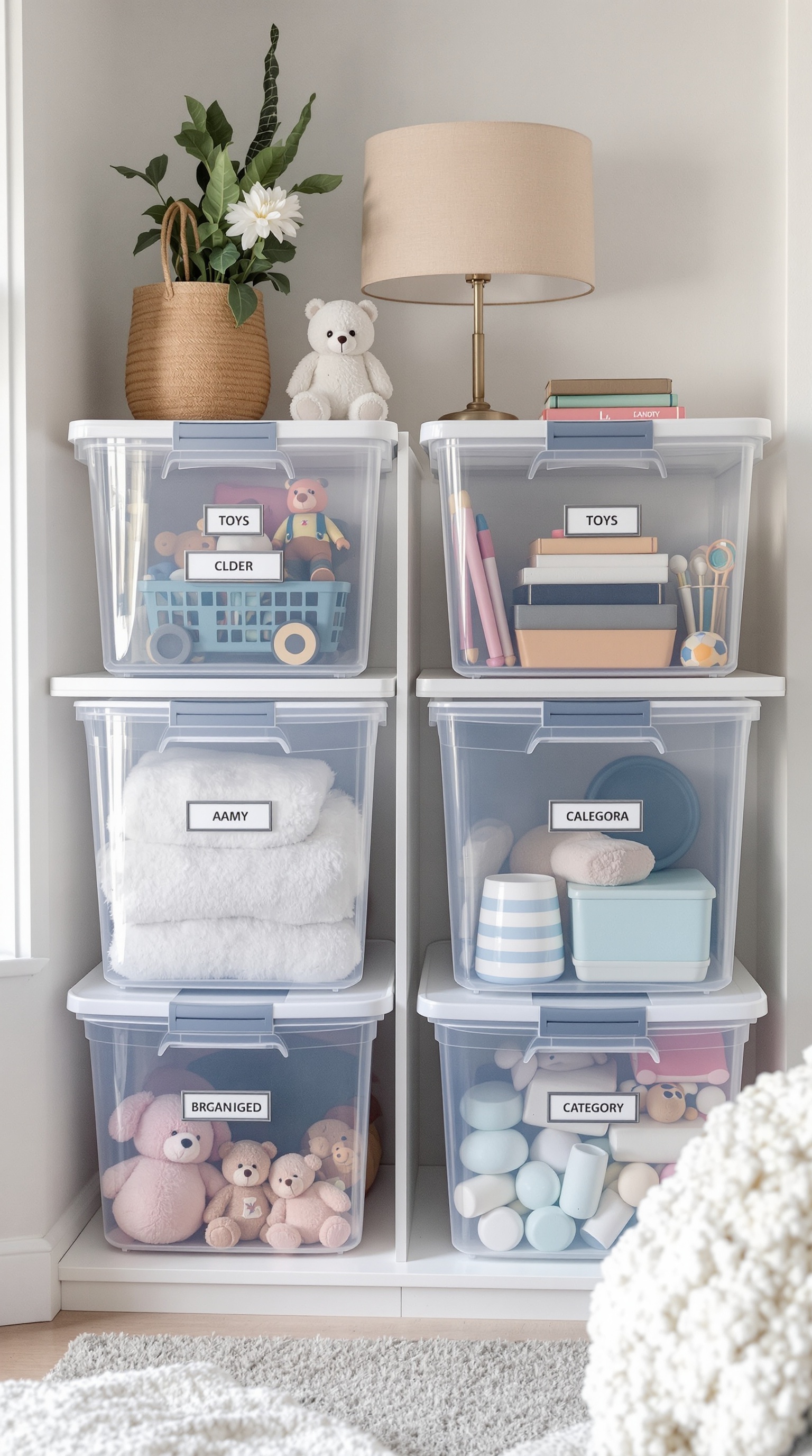 Stackable plastic bins organized on a shelf, labeled for easy identification of toys and other items.