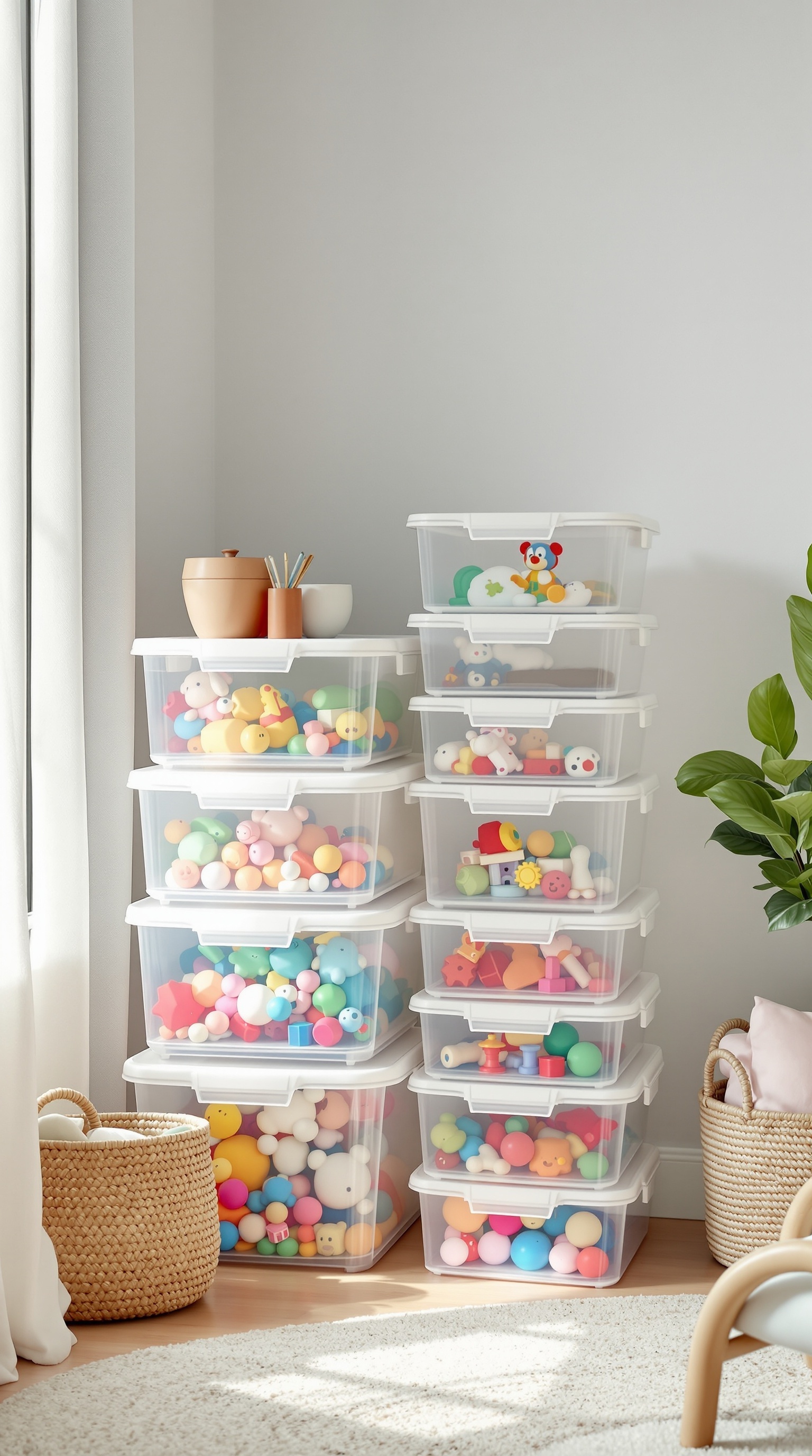 A stack of clear storage containers filled with colorful toys, arranged neatly in a bright room.