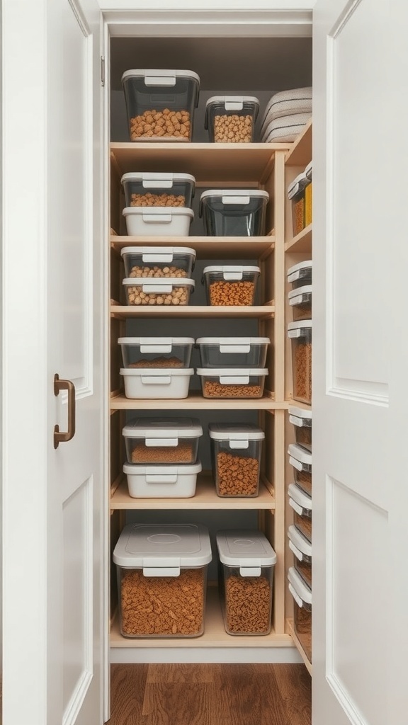 A closet filled with stackable storage containers, neatly organized on shelves.