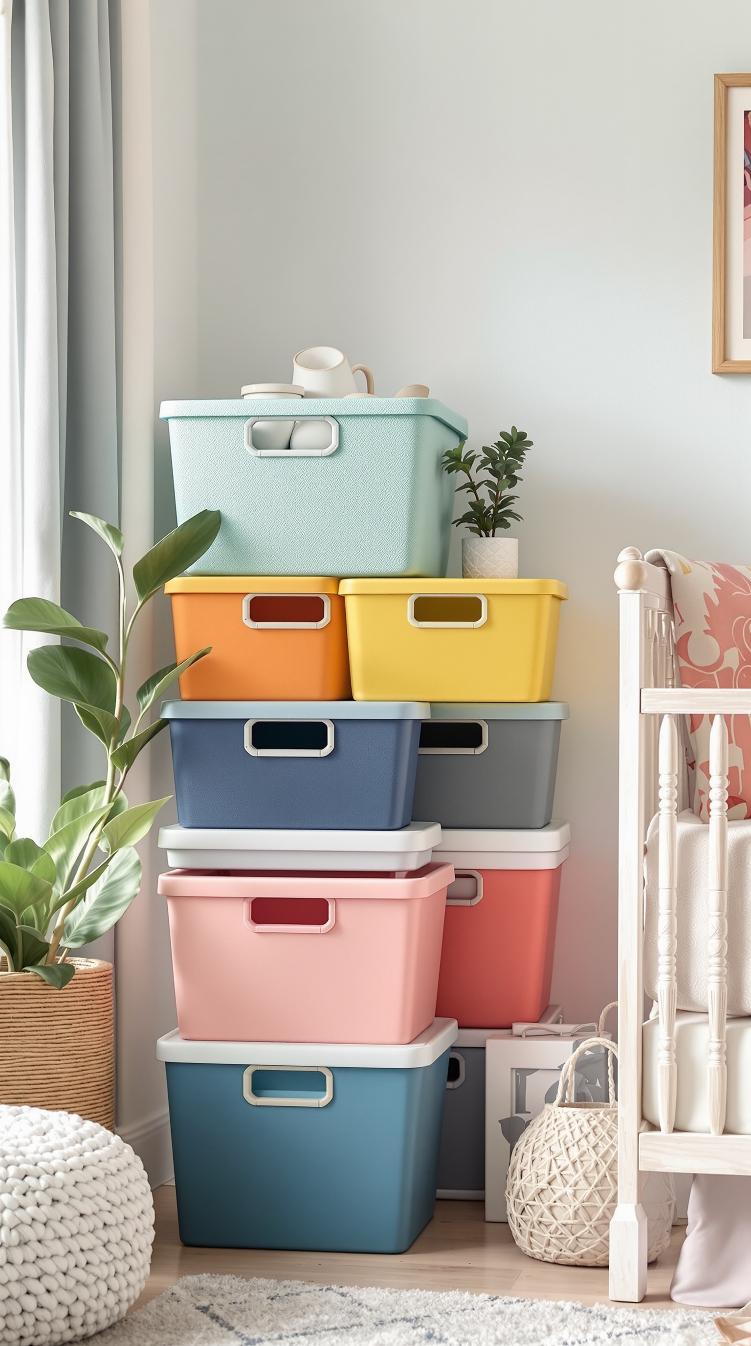 Colorful stackable storage bins in a nursery