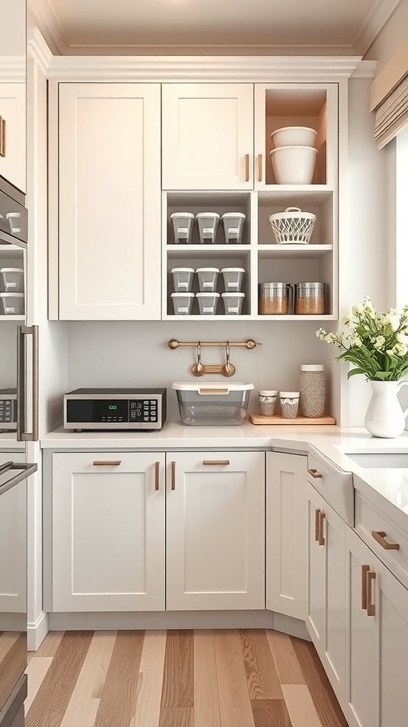 A small kitchen corner featuring stackable storage solutions with clear containers and neatly arranged items.