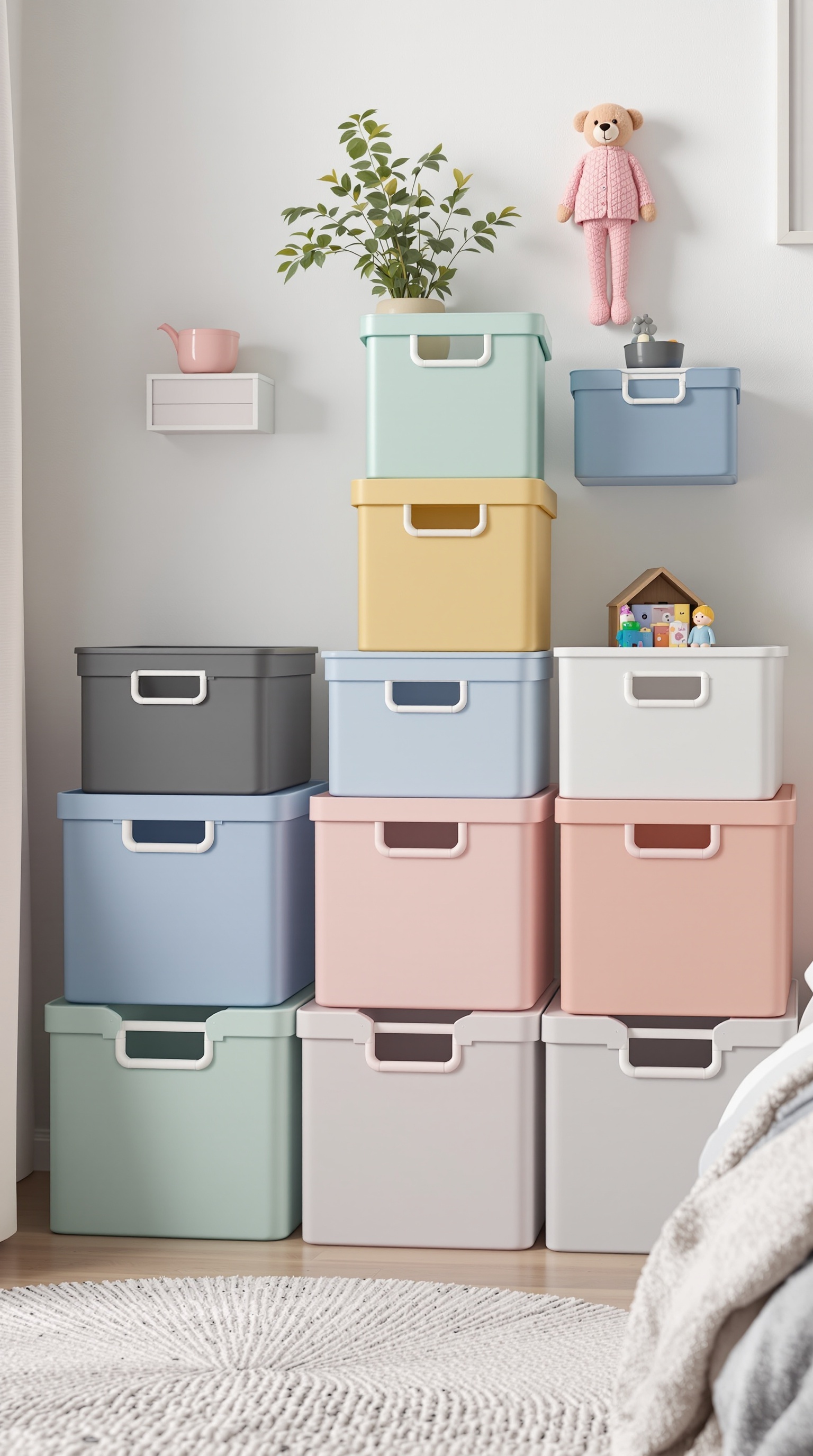 Colorful stackable toy storage boxes arranged neatly with a plant and stuffed animal on top.