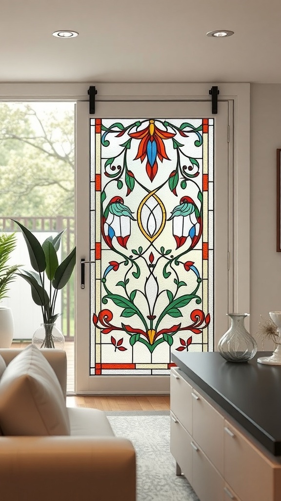 Stained glass panel with floral designs on a sliding glass door