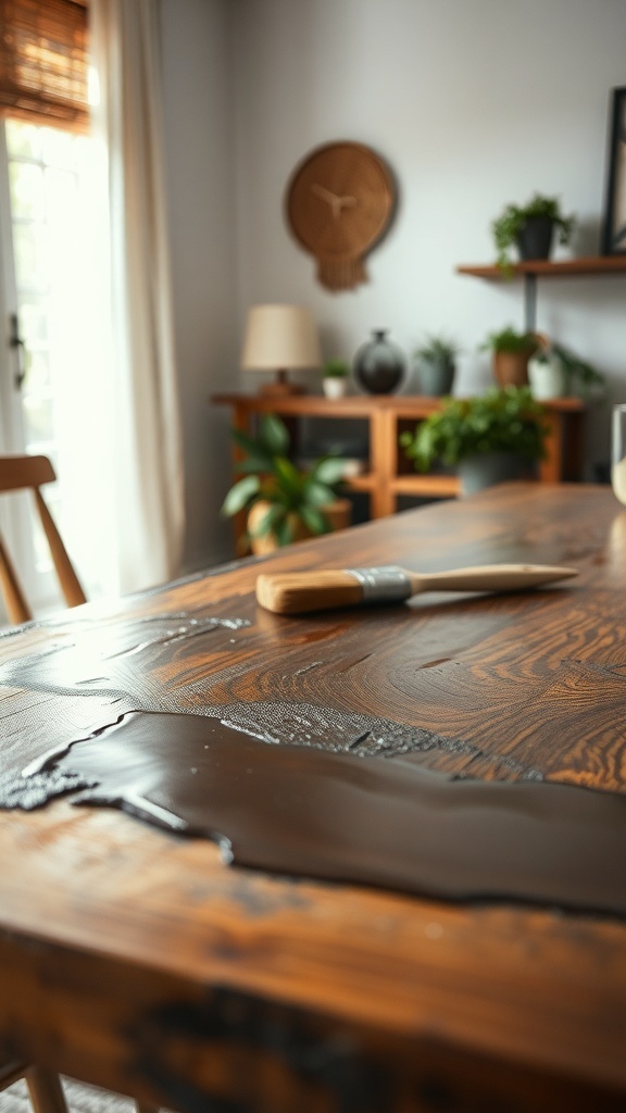 A rustic dining table being stained with a brush, showcasing a warm wooden surface.