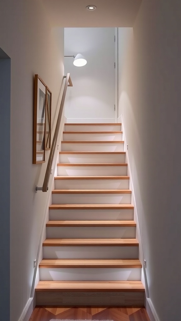 A narrow staircase with wooden steps and under-step lighting, creating a warm glow.