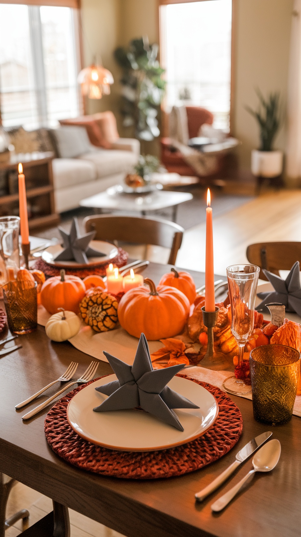 A beautifully set Thanksgiving table featuring a star napkin fold on a white plate, surrounded by pumpkins and candles.