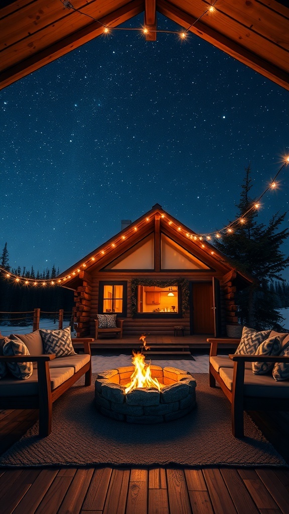 Cozy cabin with a fire pit and starry night sky