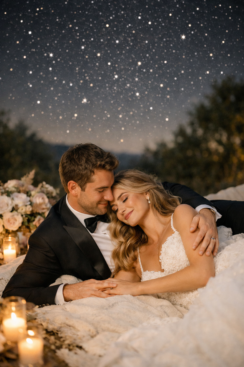 A couple cuddled together under a starry sky, surrounded by candles and flowers.