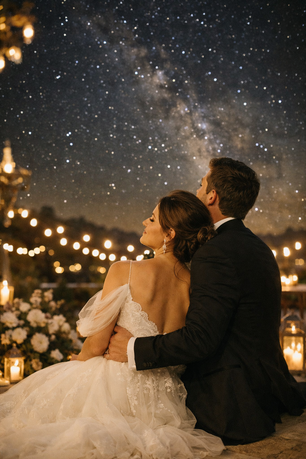 A couple embracing under a starlit sky, surrounded by soft lighting and romantic decor.