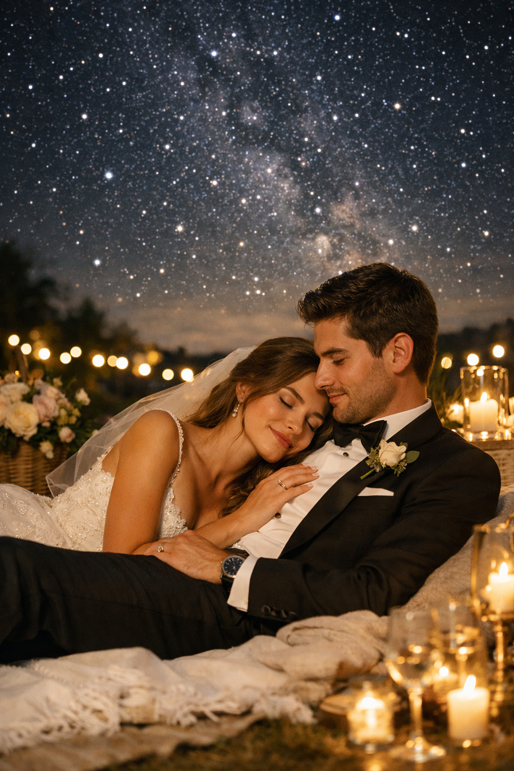Couple cuddling under a starry sky with soft candlelight around them.