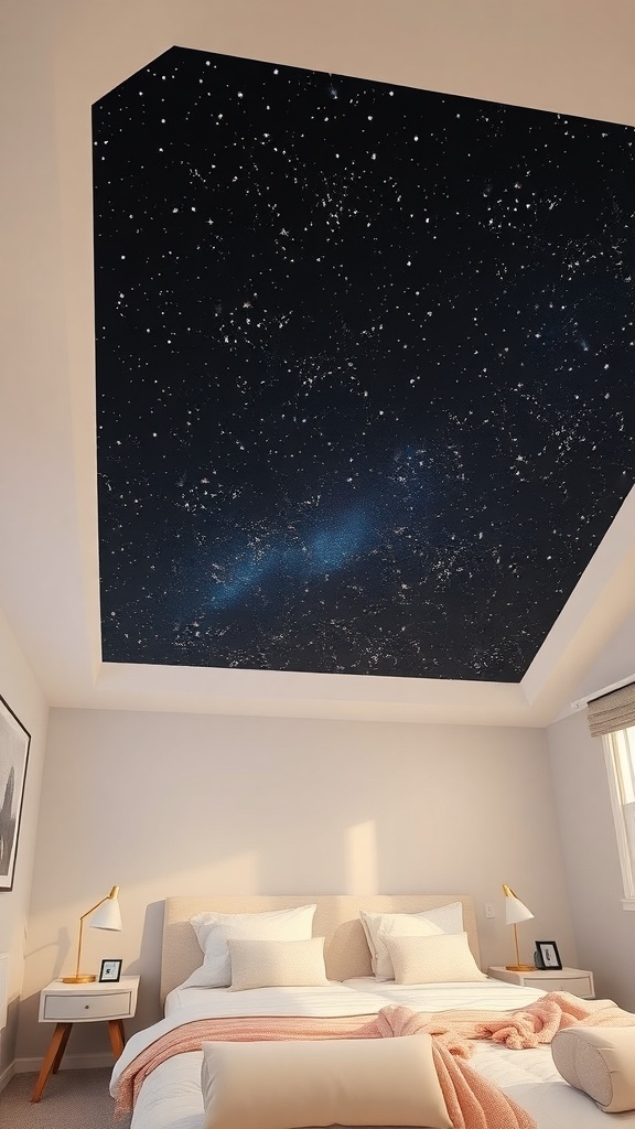 A bedroom with a starry night ceiling, featuring a cozy bed and warm lighting.