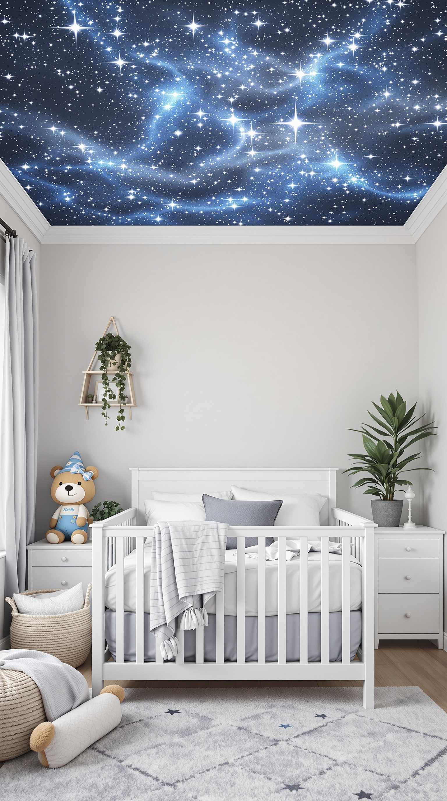 A baby boy's bedroom featuring a starry night sky mural on the ceiling, a white crib, and soft decor.