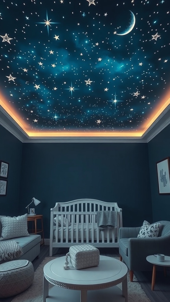 A nursery with a starry night sky ceiling, featuring stars and a crescent moon.