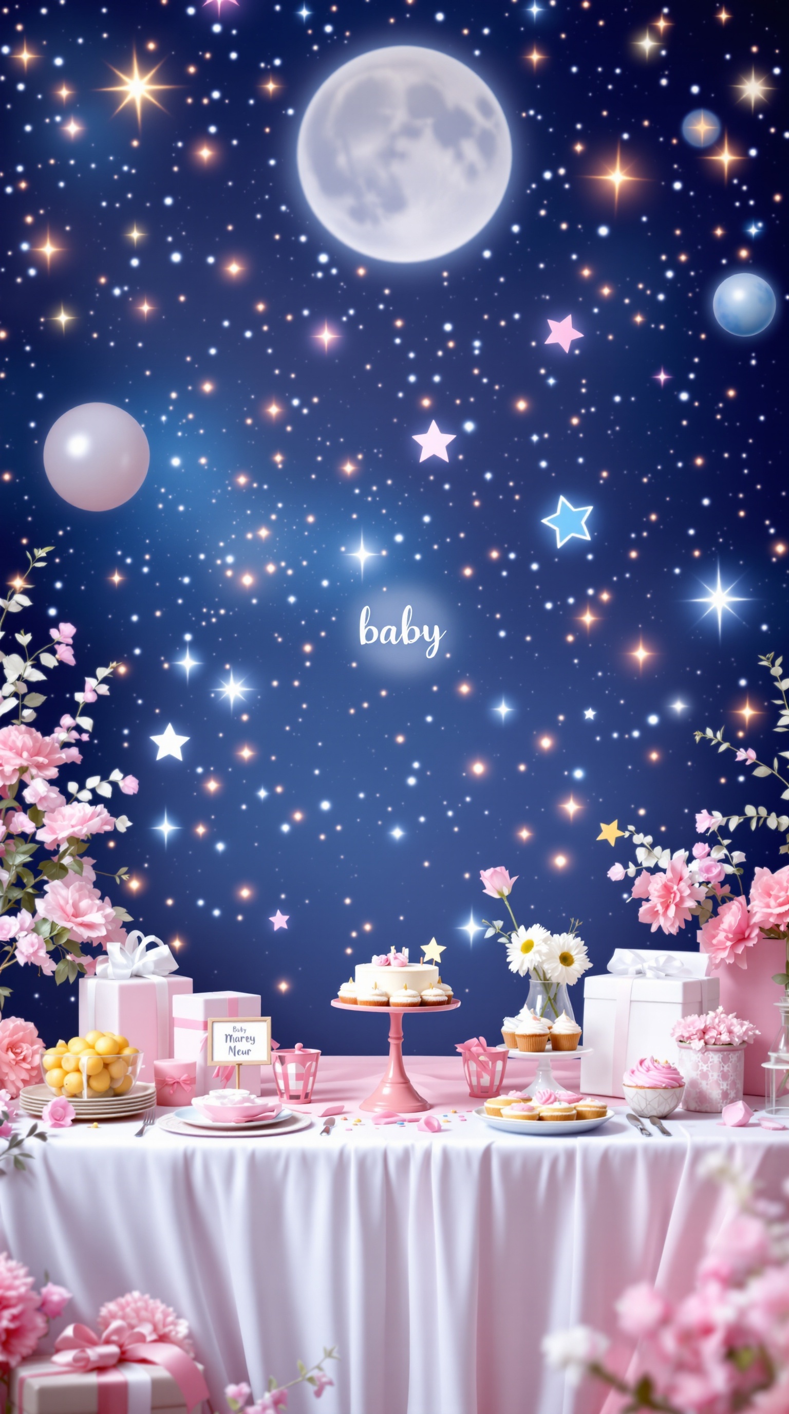 A gender reveal backdrop featuring a starry night sky with a moon, stars, and pink flowers.
