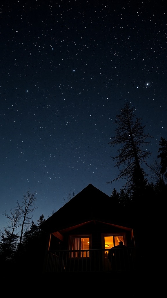 A cozy cabin illuminated at night under a starry sky