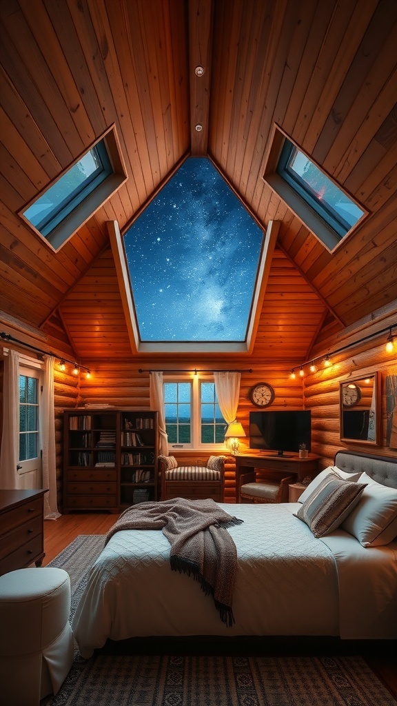 Cozy cabin bedroom with skylights showing a starry night sky
