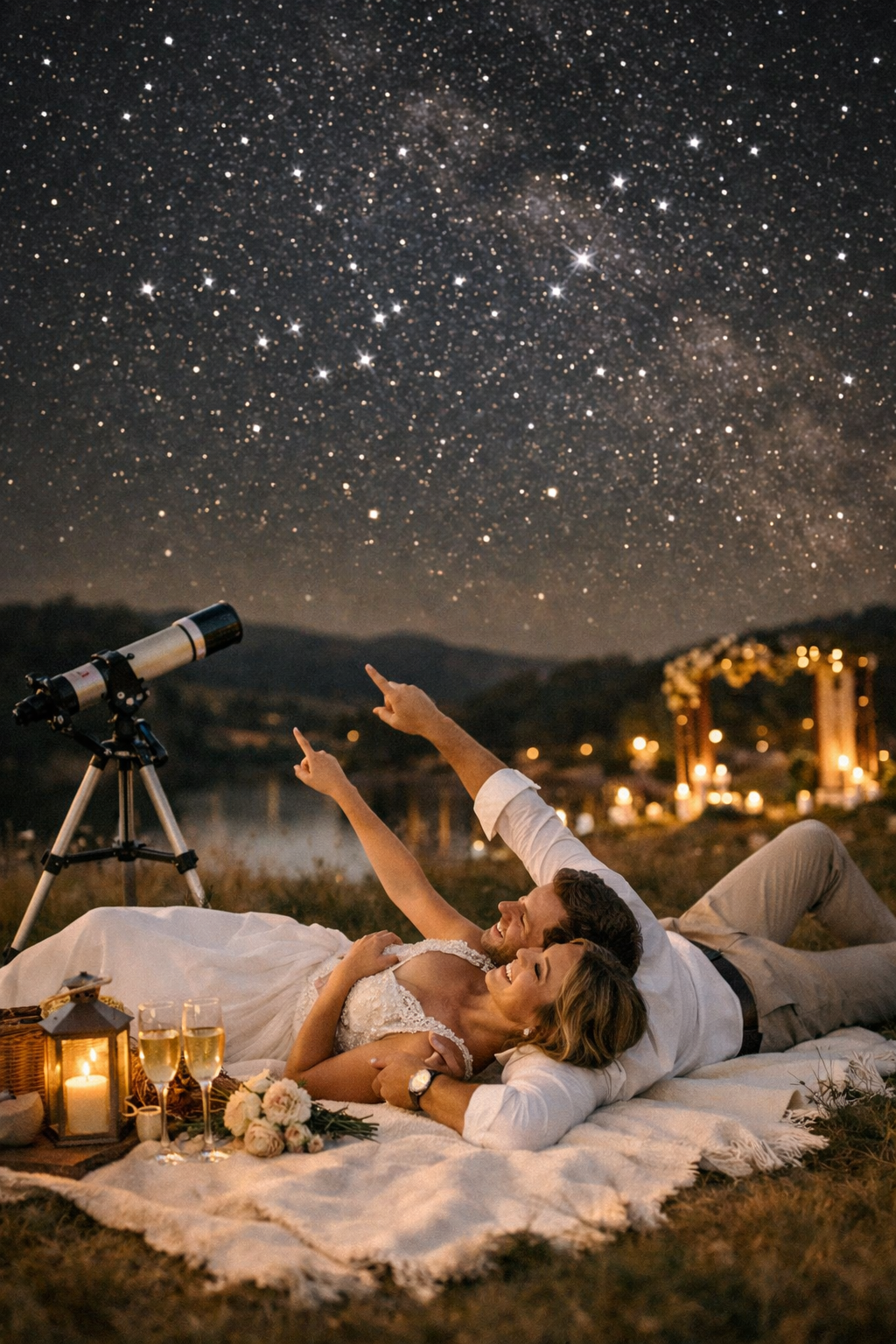 A couple stargazing on a blanket with a telescope, candles, and flowers under a starry sky.