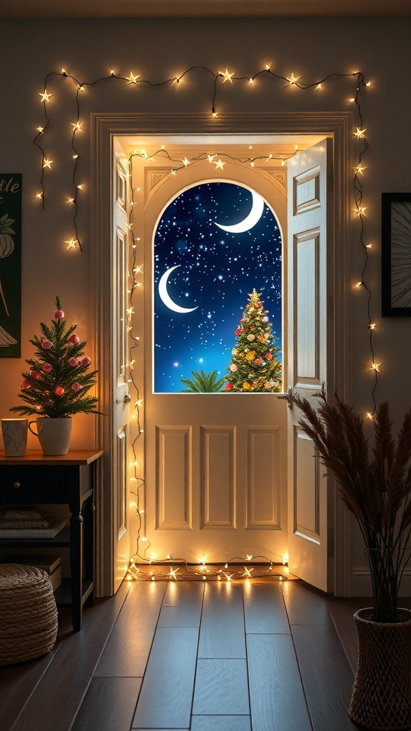 A decorated door with fairy lights and a starry night backdrop, featuring Christmas trees on either side.