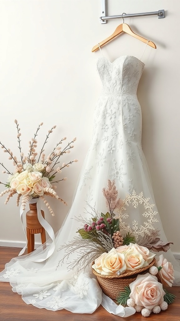 A winter wedding dress displayed with floral arrangements, showcasing a romantic and elegant look.