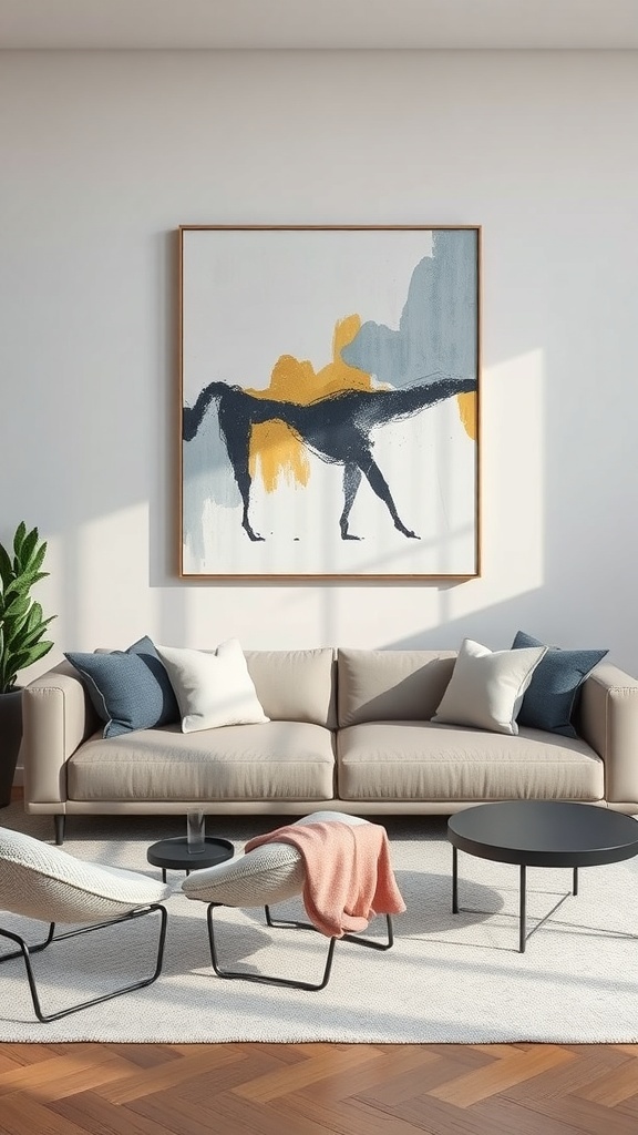 A contemporary living room featuring a beige sofa with colorful abstract art above it.