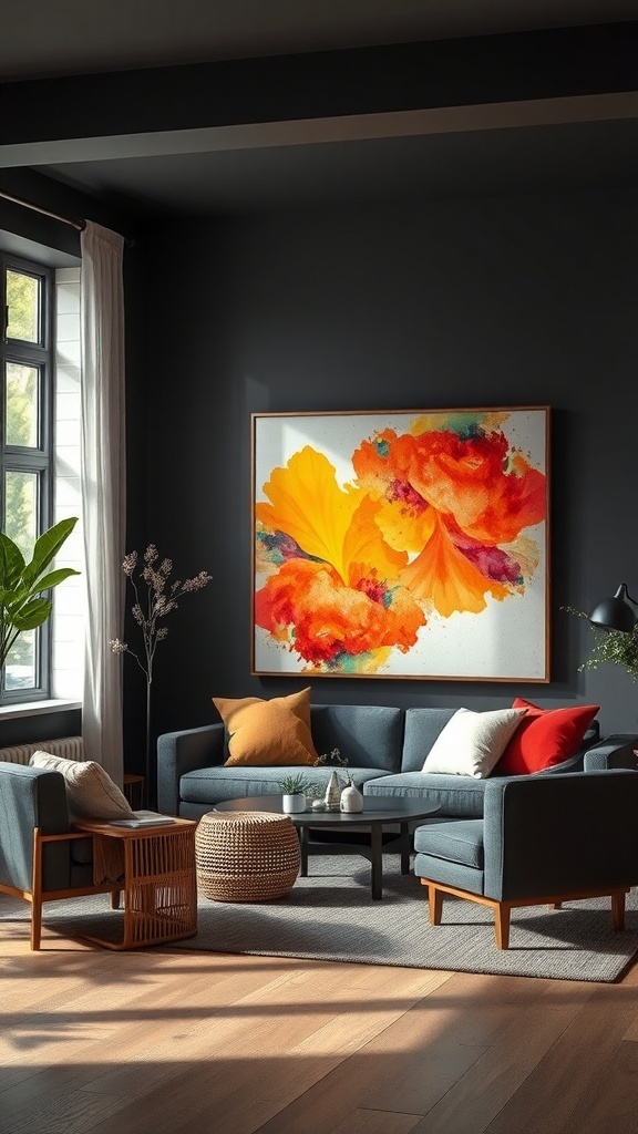 A cozy living room with dark walls, featuring a vibrant floral art piece above a modern couch.