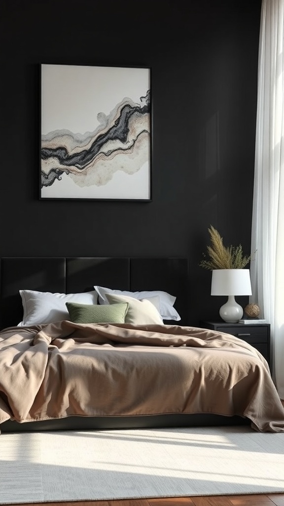A modern bedroom with dark walls, featuring an abstract art piece above the bed.