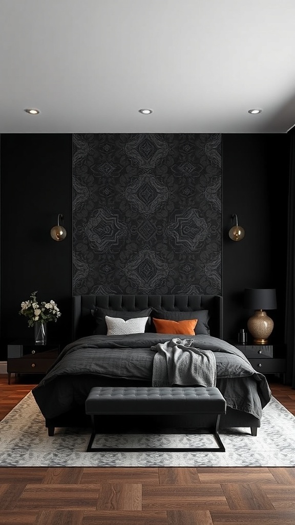 A stylish black bedroom featuring a patterned black accent wall, gray bedding, and warm lighting.