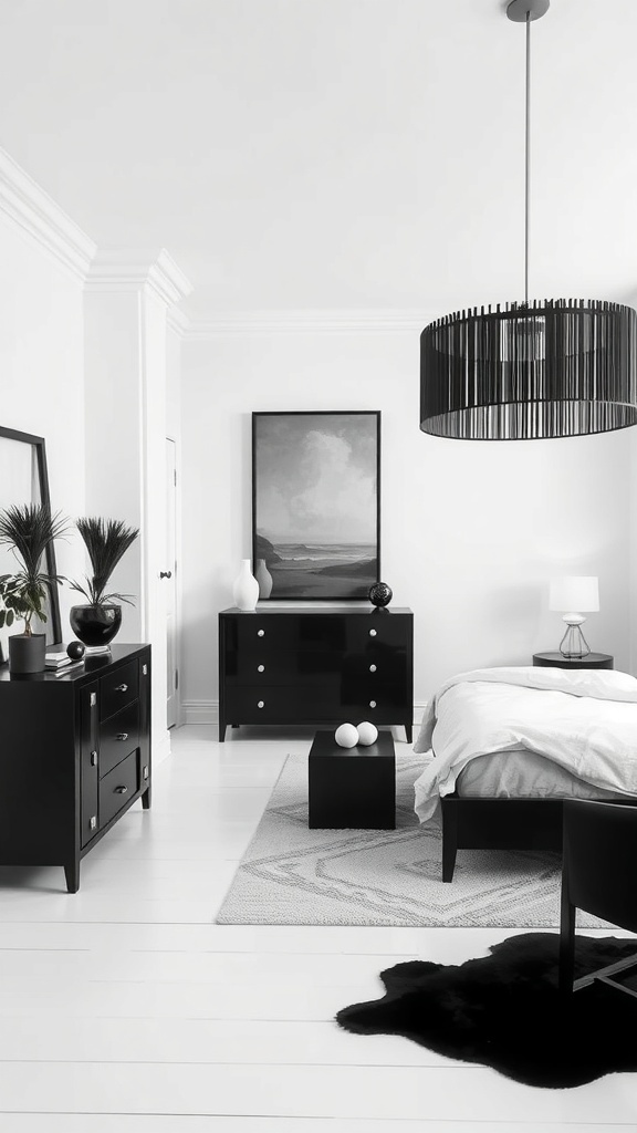 A black and white bedroom featuring black furniture, a white bed, and a textured rug.