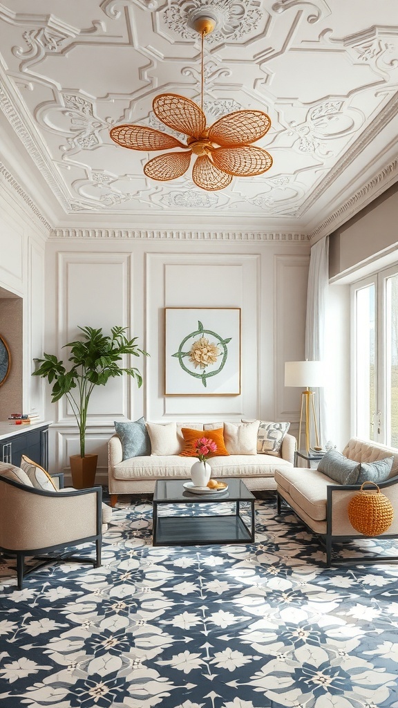 A cozy living room featuring an ornate ceiling, a unique light fixture, and a patterned floor.