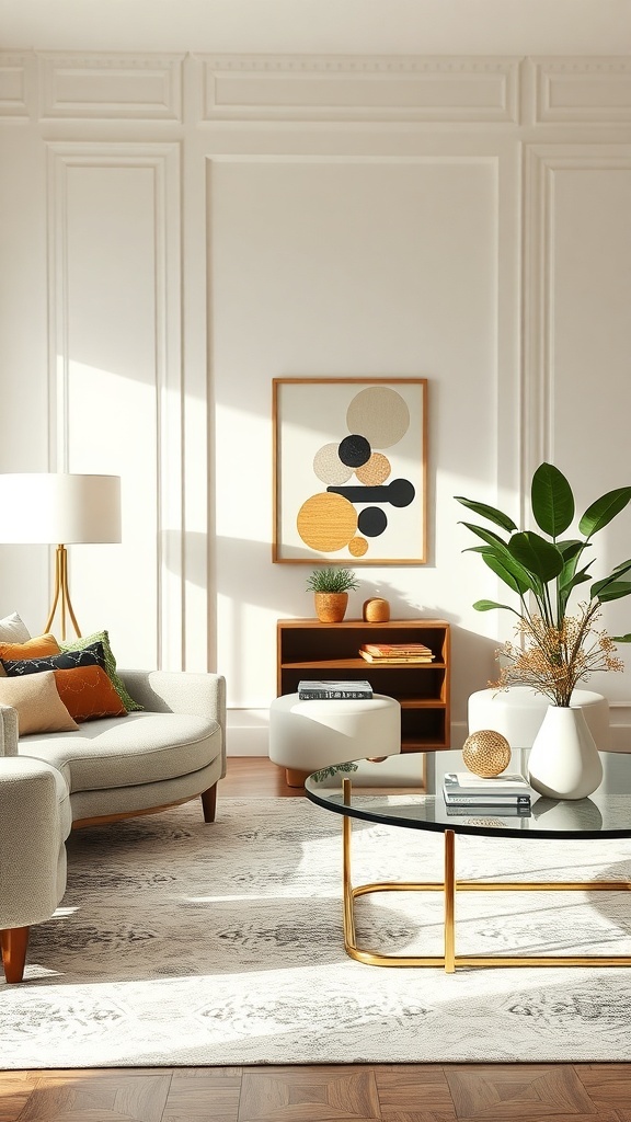 Cozy luxury living room with a rounded sofa, glass coffee table, and abstract wall art.