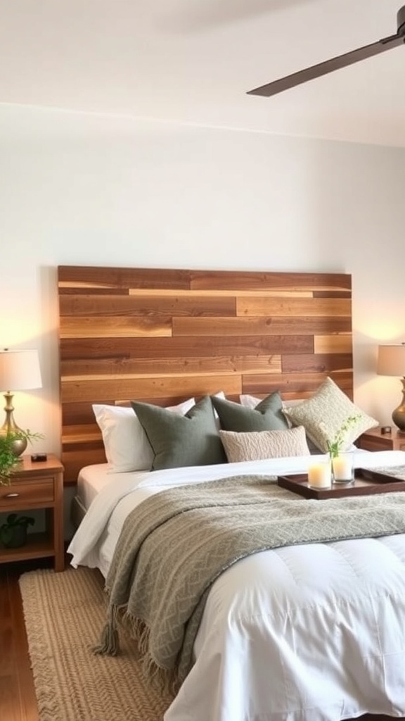 Modern farmhouse bedroom with a wooden statement headboard, soft bedding, and warm lighting.