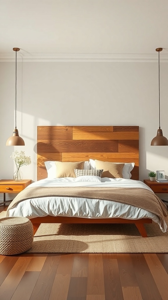 A cozy farmhouse bedroom featuring a wooden statement headboard, soft bedding, and warm lighting.