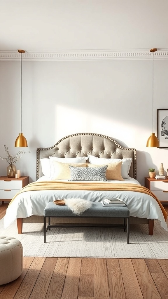 Cozy bedroom with a tufted statement headboard, warm color palette, and stylish decor.