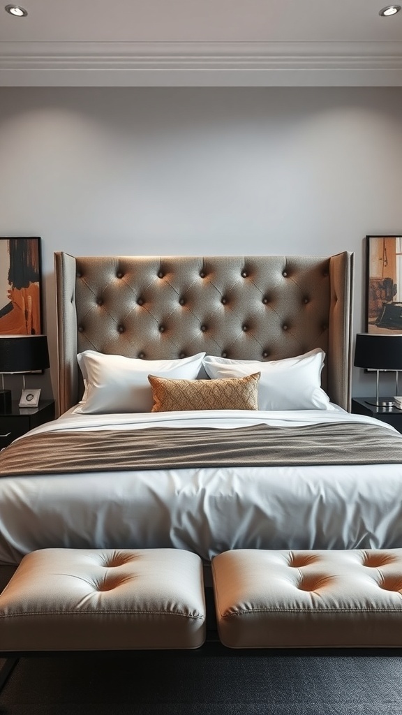 A luxurious tufted headboard in a king bedroom with elegant bedding and decor.