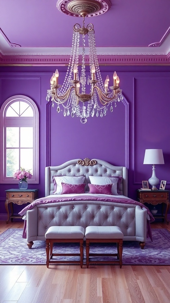 A romantic purple bedroom featuring a chandelier, elegant bed, and cozy decor.