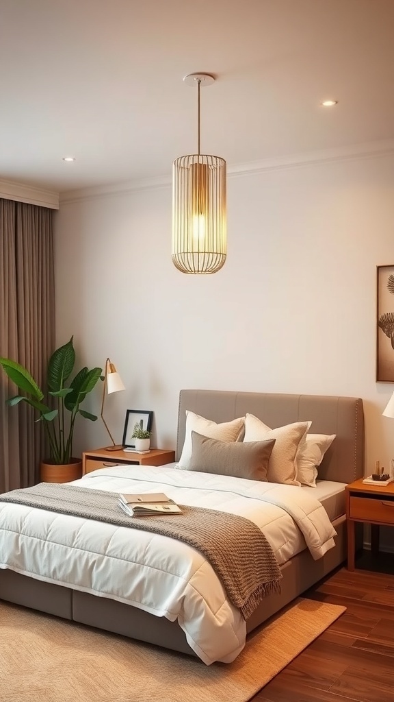 A stylish bedroom featuring a unique pendant light fixture above the bed, with a cozy and modern decor.