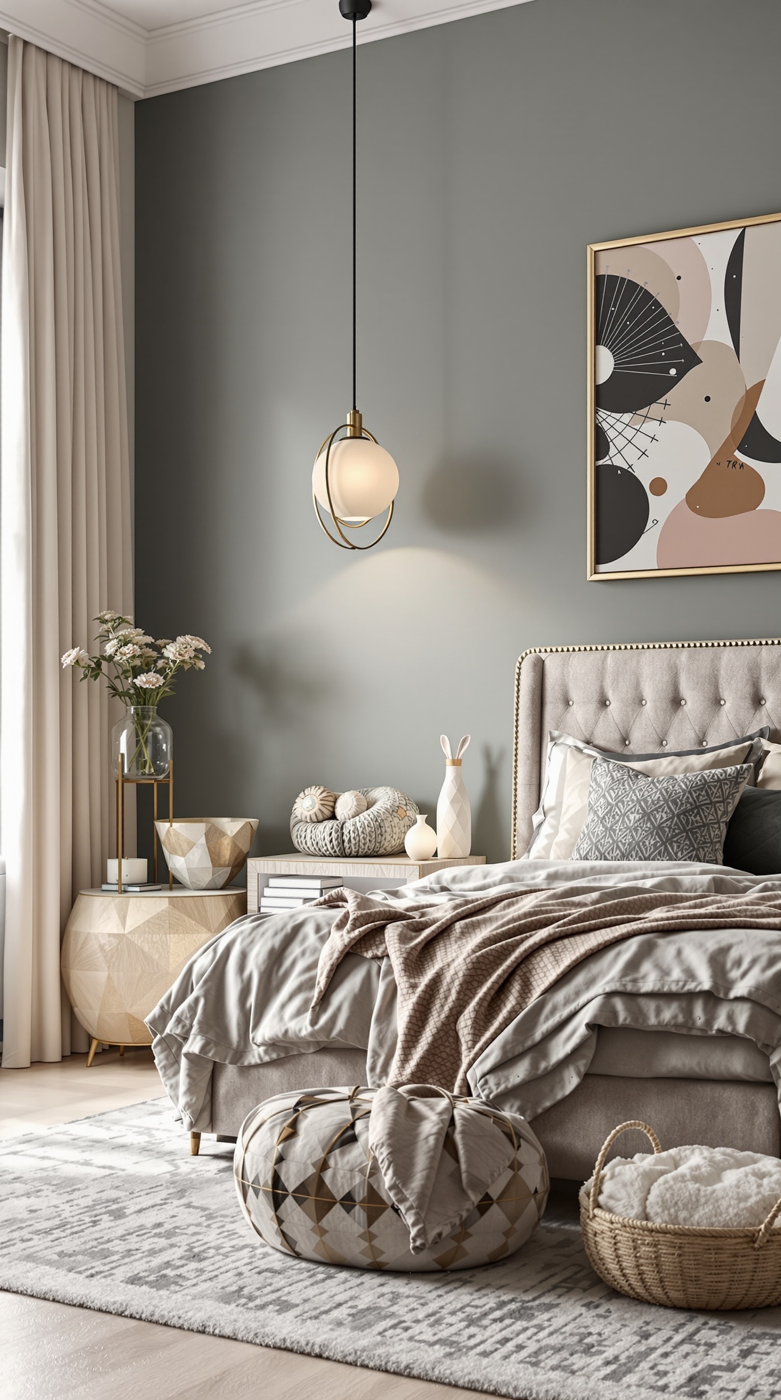 A stylish kids bedroom featuring a modern pendant light, cozy bedding, and decorative elements.
