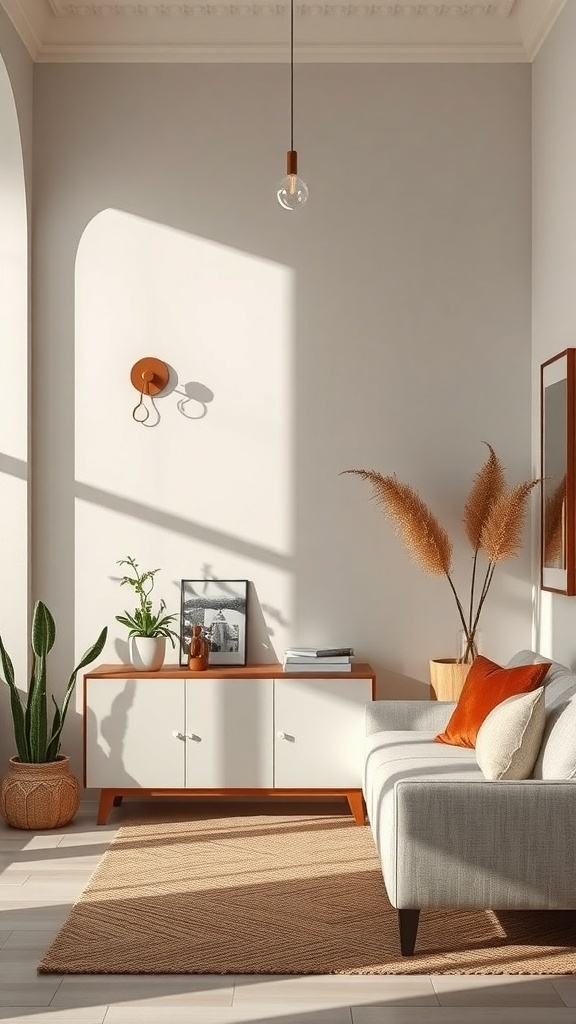 A stylish entryway with a pendant light and wall sconce illuminating a neutral accent wall.