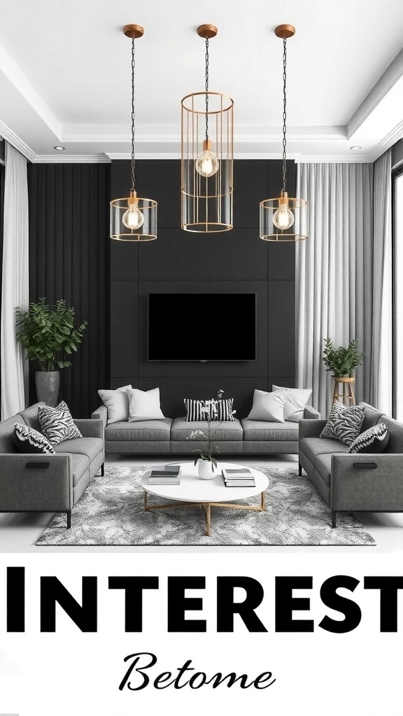 Stylish black and white living room with statement pendant lighting