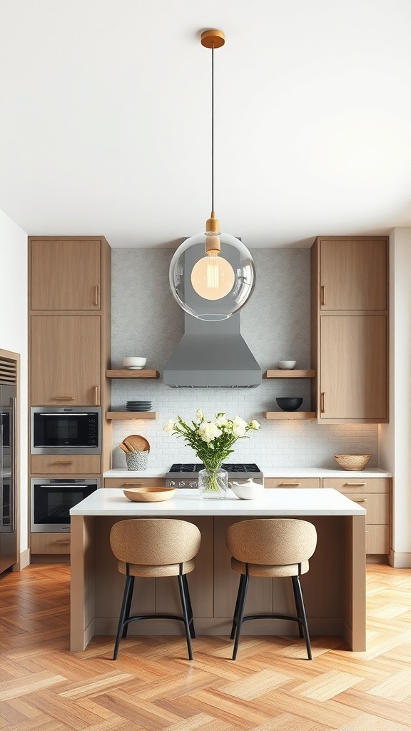 A modern kitchen featuring a statement pendant light above an island, with wooden cabinets and a warm color palette.