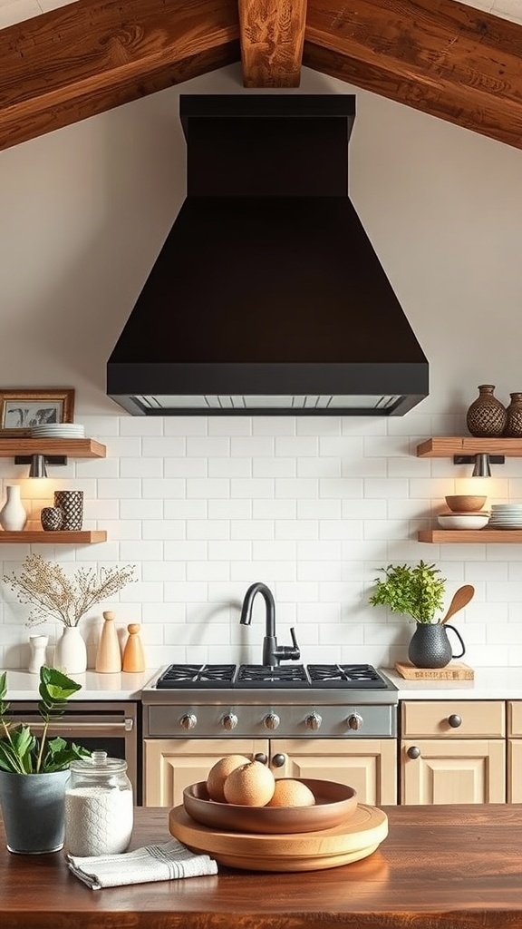 A modern kitchen featuring a black statement range hood, wooden ceiling beams, and a stylish cooking area.