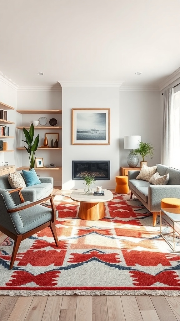 A cozy mid-century modern living room featuring a vibrant statement rug with geometric patterns.