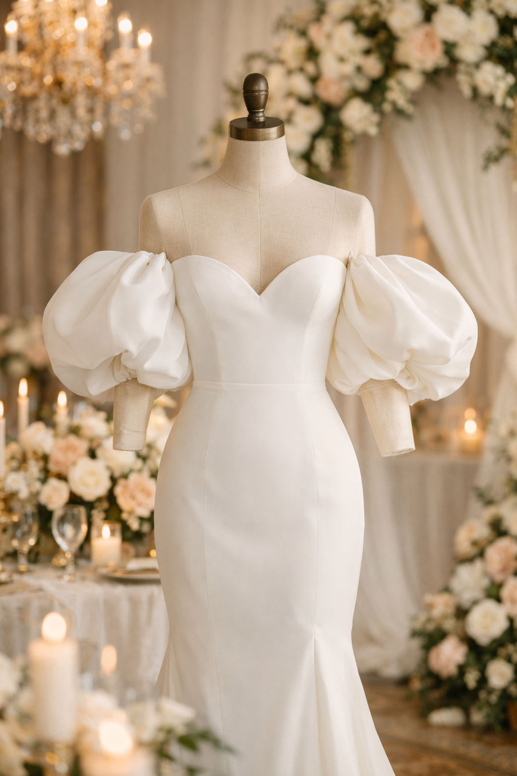 Elegant statement sleeve dress with puff sleeves, fitted bodice, and sweetheart neckline displayed in a floral decorated setting
