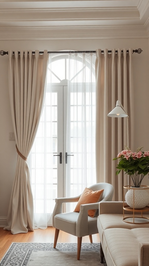 Elegant curtains with a stylish tieback in a bright room