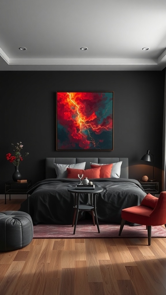 A dark romantic bedroom featuring a striking wall art piece with vibrant colors above the bed.