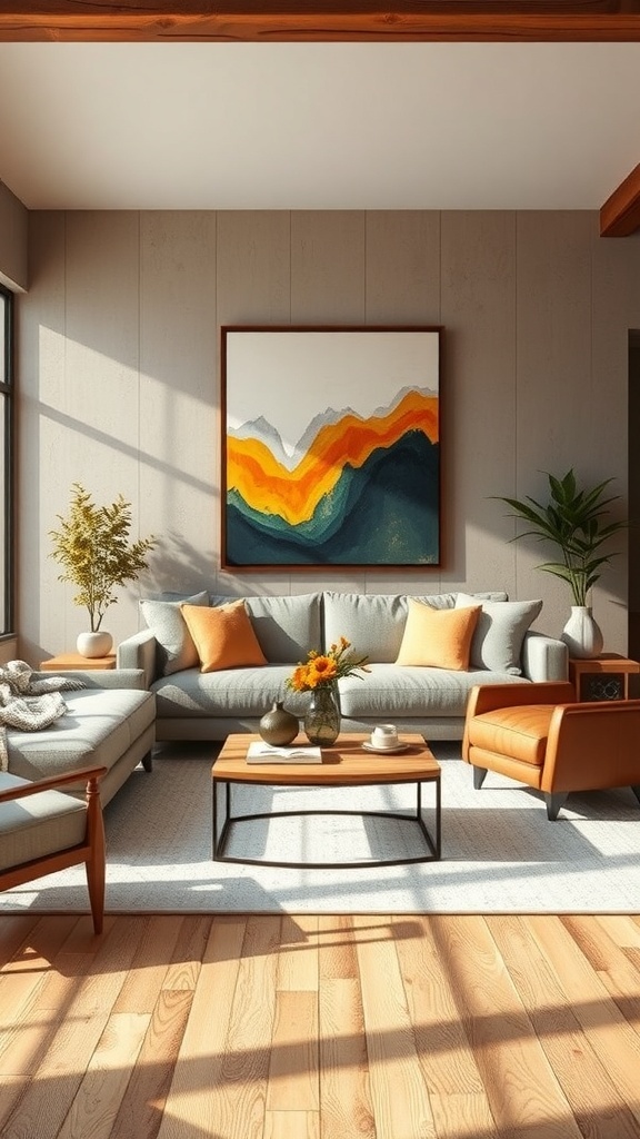 A modern rustic living room featuring a colorful mountain-themed wall art, cozy furniture, and natural light.