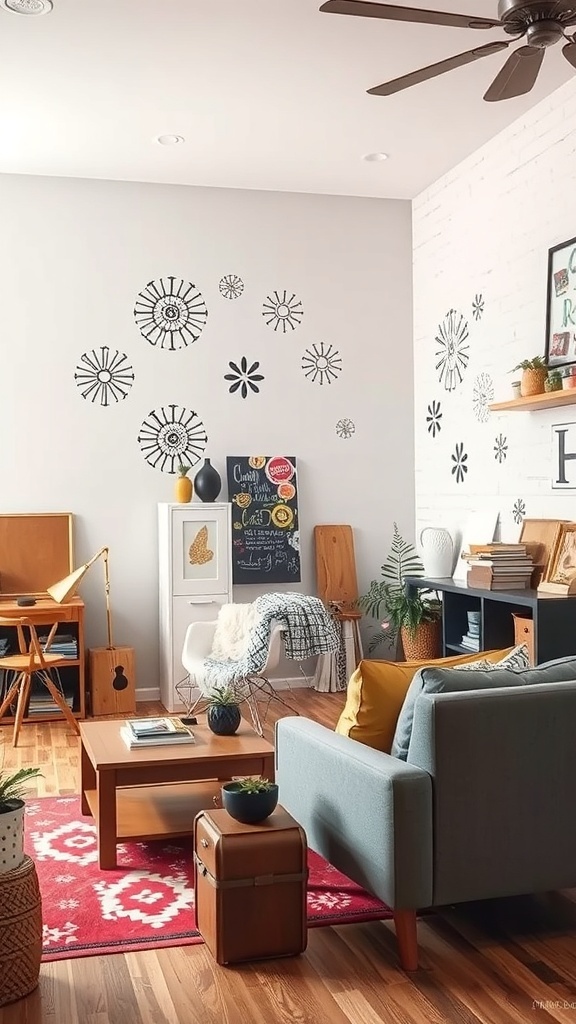 Living room with stenciled art designs on the wall