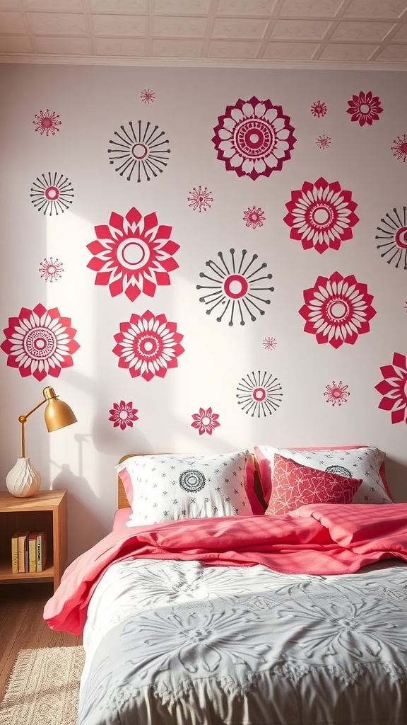 A cozy bedroom featuring stenciled flower designs in pink and black on the wall.