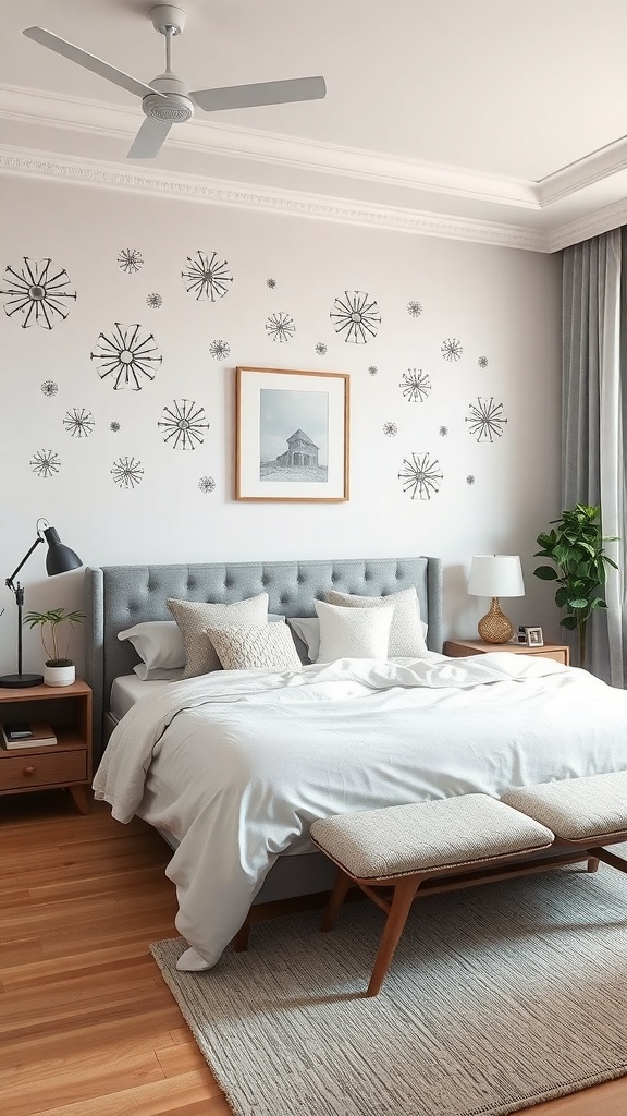 A stylish bedroom featuring stenciled designs on the wall, a cozy bed with neutral bedding, and wooden furniture.