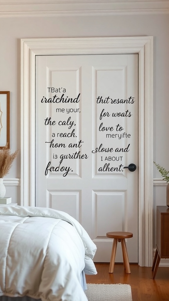A bedroom door with stenciled quotes, featuring artistic lettering that conveys a heartfelt message.